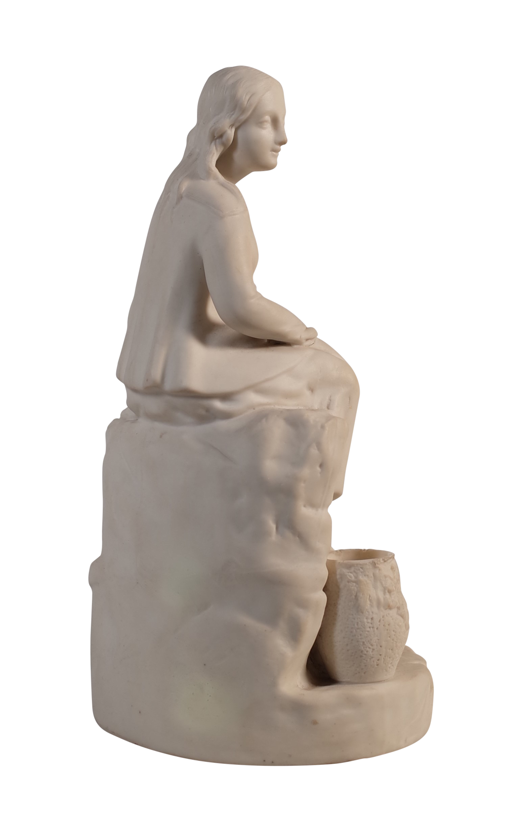 Parian Ware Figure of a Cottage Girl Seated on a Rocky Mound by a Well