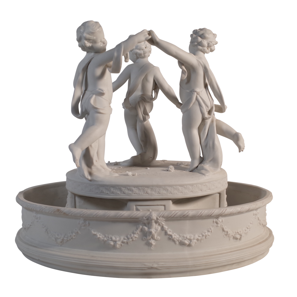 Parian Ware Circular Centrepiece of Three Putti Dancing Within a Large Bowl Decorated with Floral Swags