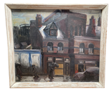 Oil on Board of a Rainy Street Scene in the style of Alan Lowndes