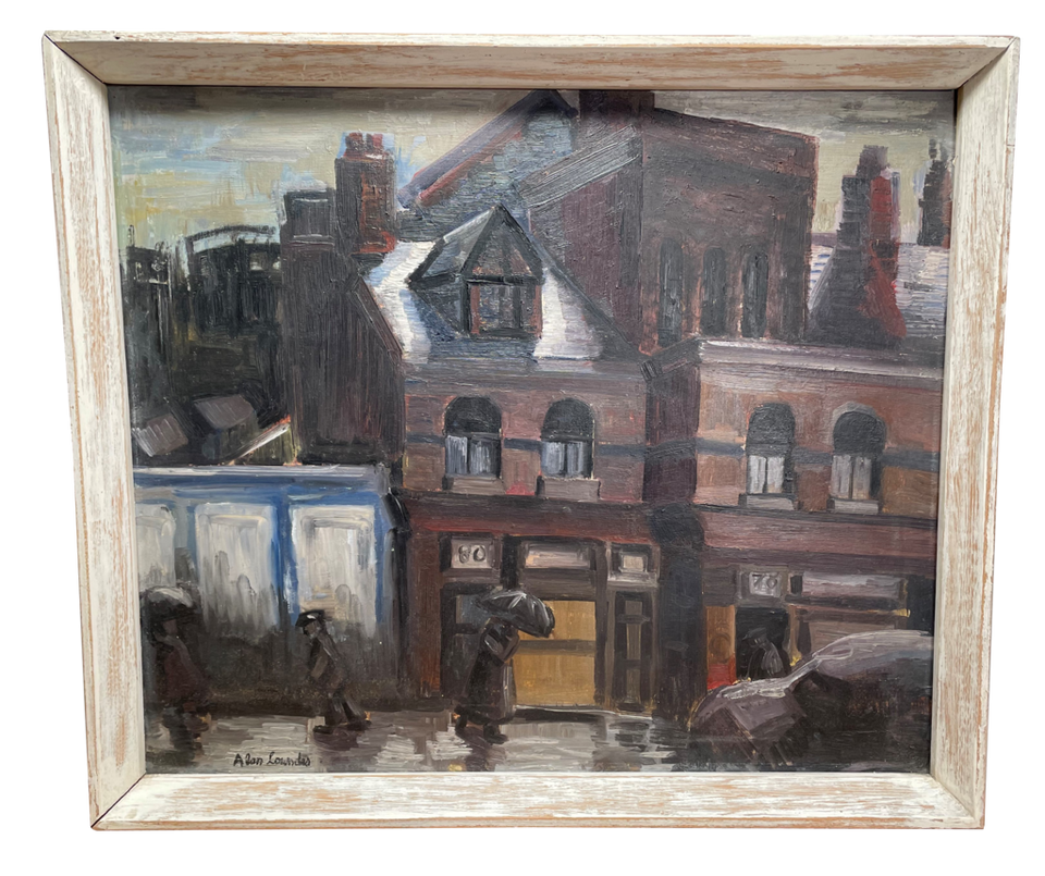 Oil on Board of a Rainy Street Scene in the style of Alan Lowndes