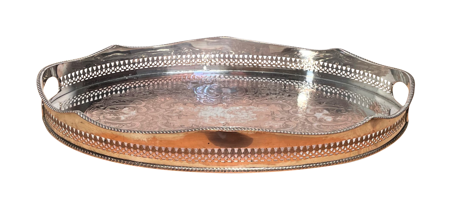 Old Sheffield Plated Galleried Tray with Engraved Floral Decoration