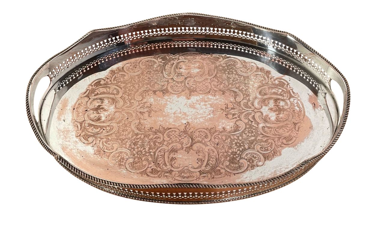 Old Sheffield Plated Galleried Tray with Engraved Floral Decoration