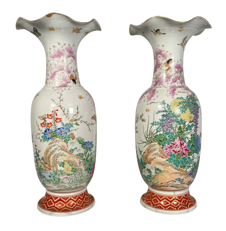 Pair of Highly Decorated Flare Rimmed Meiji Period Kutani Vases