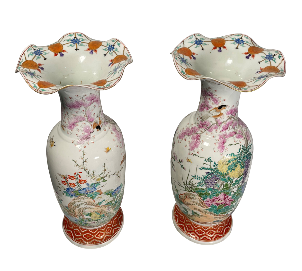 Pair of Highly Decorated Flare Rimmed Meiji Period Kutani Vases