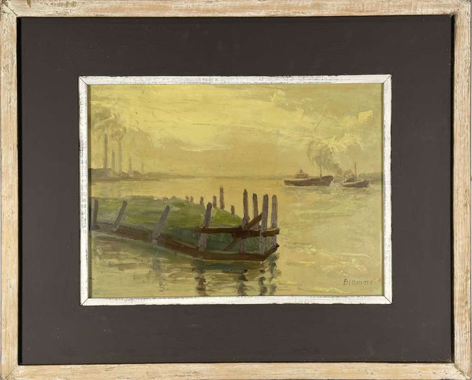 Oil on Paper of Tugs in a Port, signed 'Blamme'
