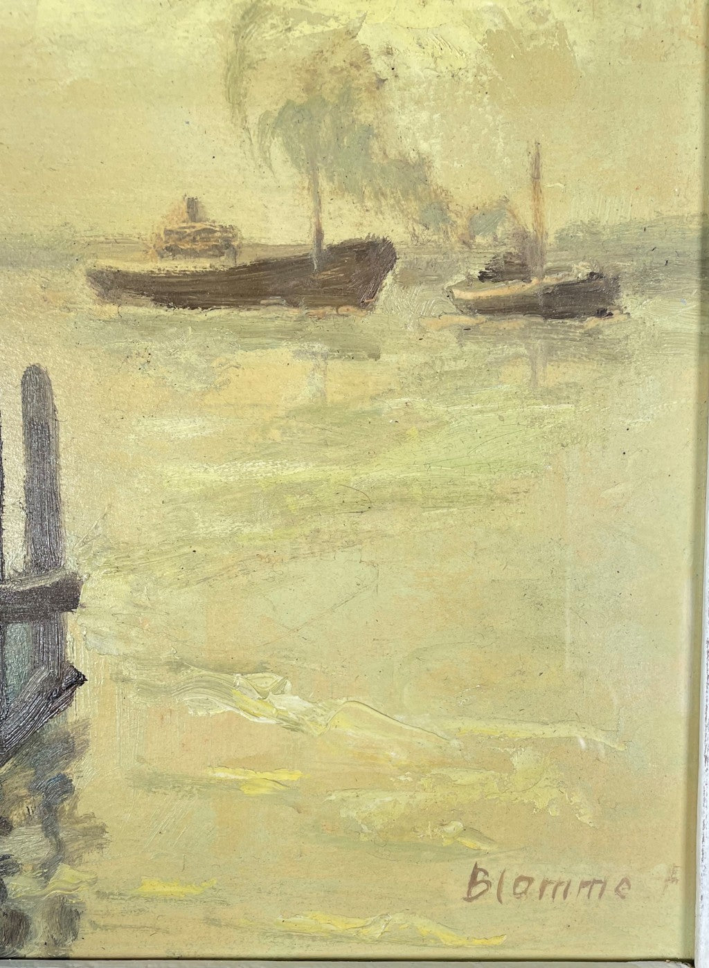 Oil on Paper of Tugs in a Port, signed 'Blamme'