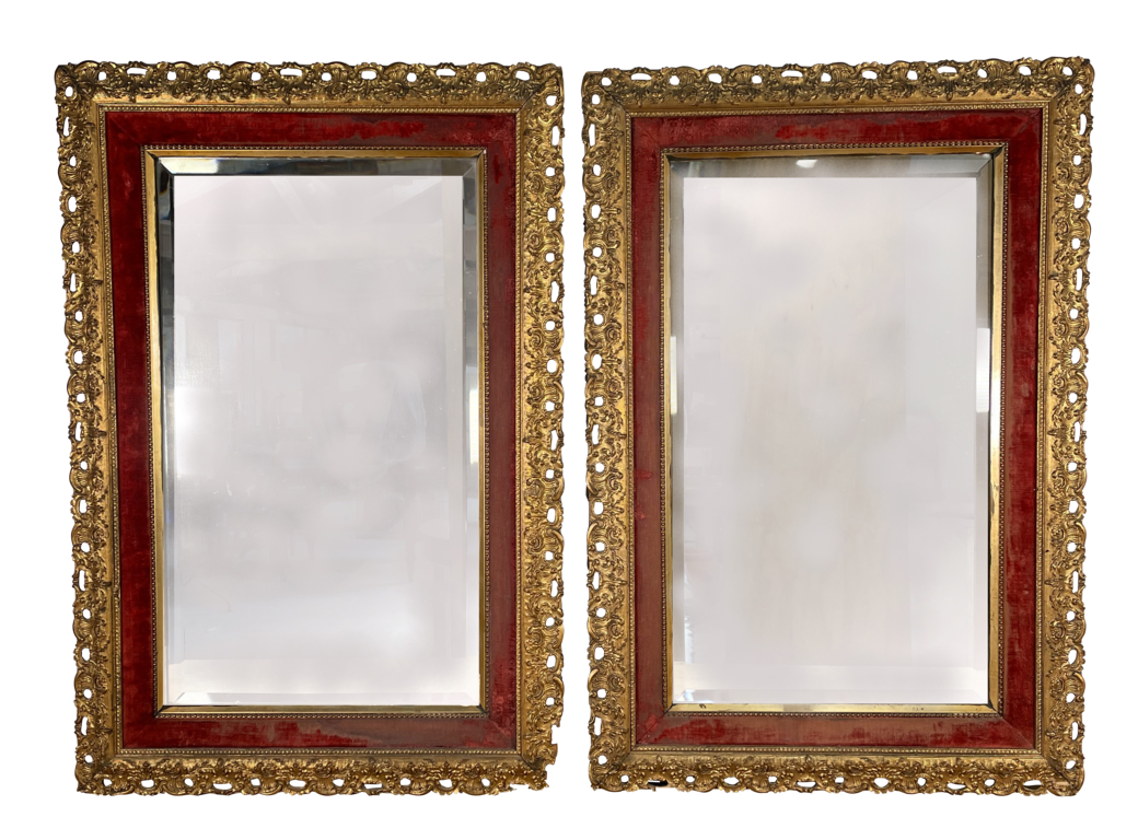 Pair of Carved Giltwood Mirrors with Inner Red Velvet Cushion Frames and Bevelled Plates