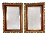 Pair of Carved Giltwood Mirrors with Inner Red Velvet Cushion Frames and Bevelled Plates
