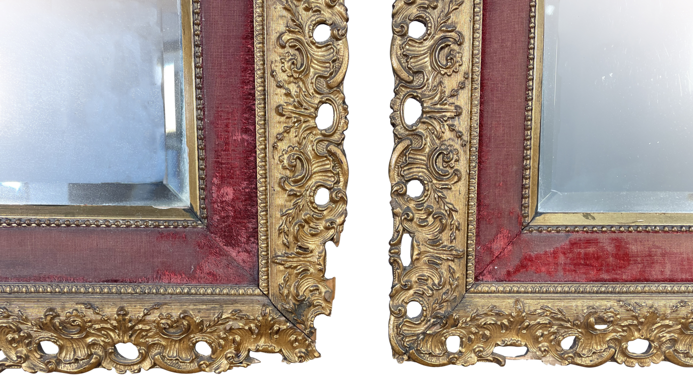 Pair of Carved Giltwood Mirrors with Inner Red Velvet Cushion Frames and Bevelled Plates