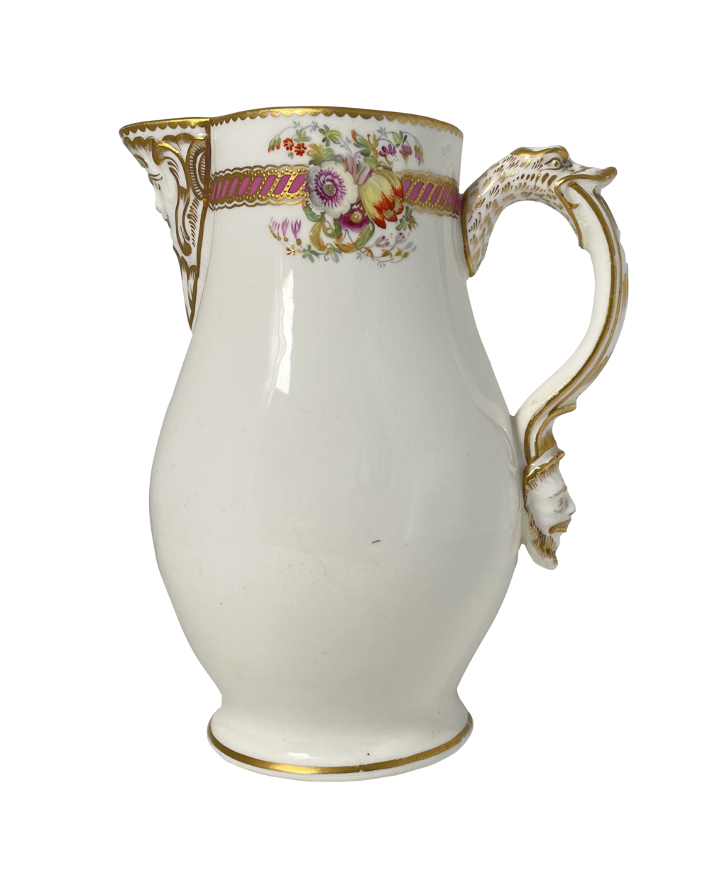 Hand Painted and Gilded Floral Coalport Milk Jug with Mask Face Spout and Handle