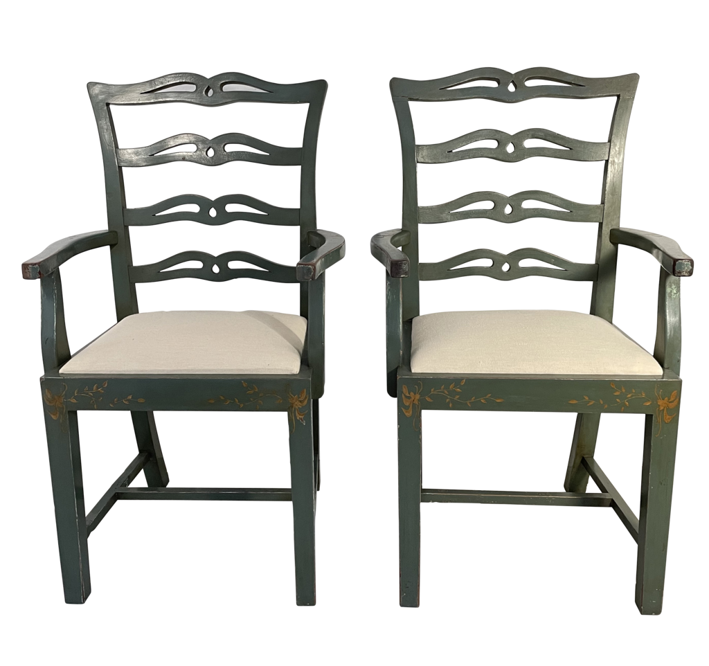 Pair of Carver Chairs with Old Worn Paint fitted with Linen Seats