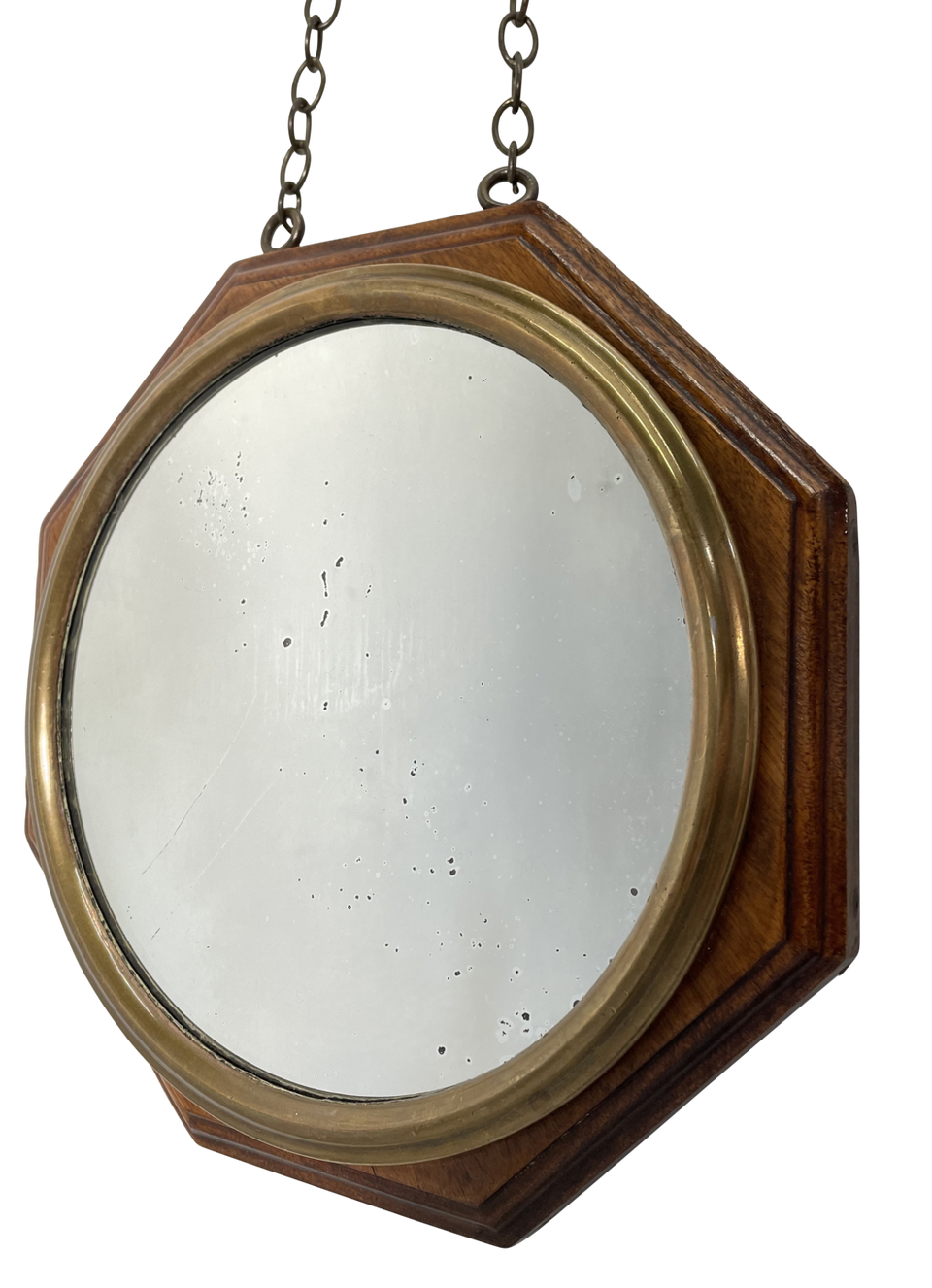 Octagonal Oak and Brass Framed Mirror with Hanging Chain