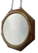 Octagonal Oak and Brass Framed Mirror with Hanging Chain