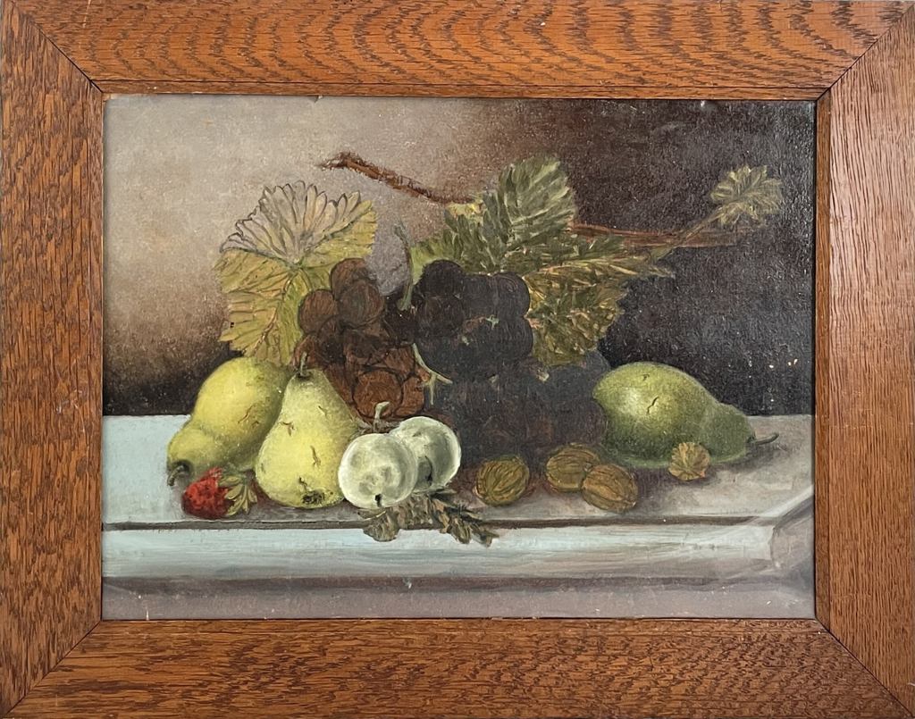 Edwardian Oil on Card Still Life of Fruit Mounted in an Oak Frame