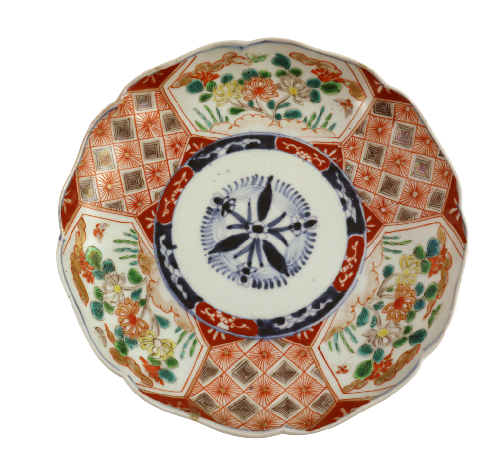Lotus Shaped Meiji Period Imari Plate Decorated with Three Panels of Anemones