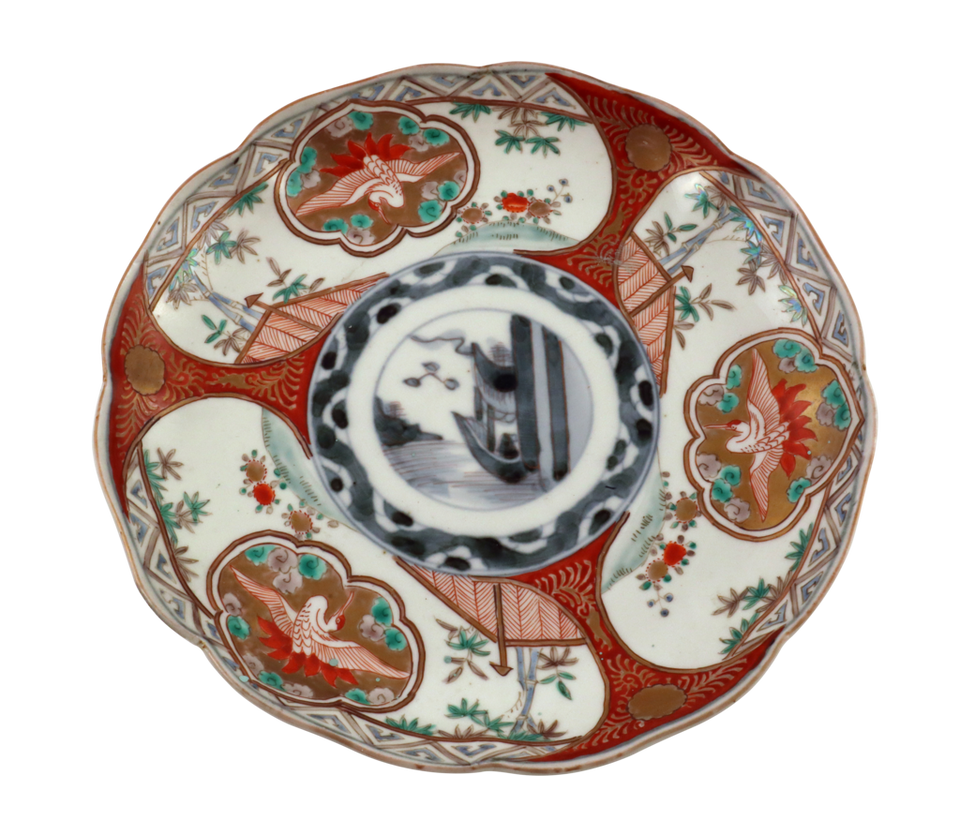 Meiji Period Imari Plate Hand Painted with Imperial Borders and Birds