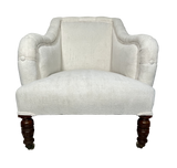 Victorian Armchair with Buttoned Scrolled Back and Sides Upholstered in Antique French Hemp Linen