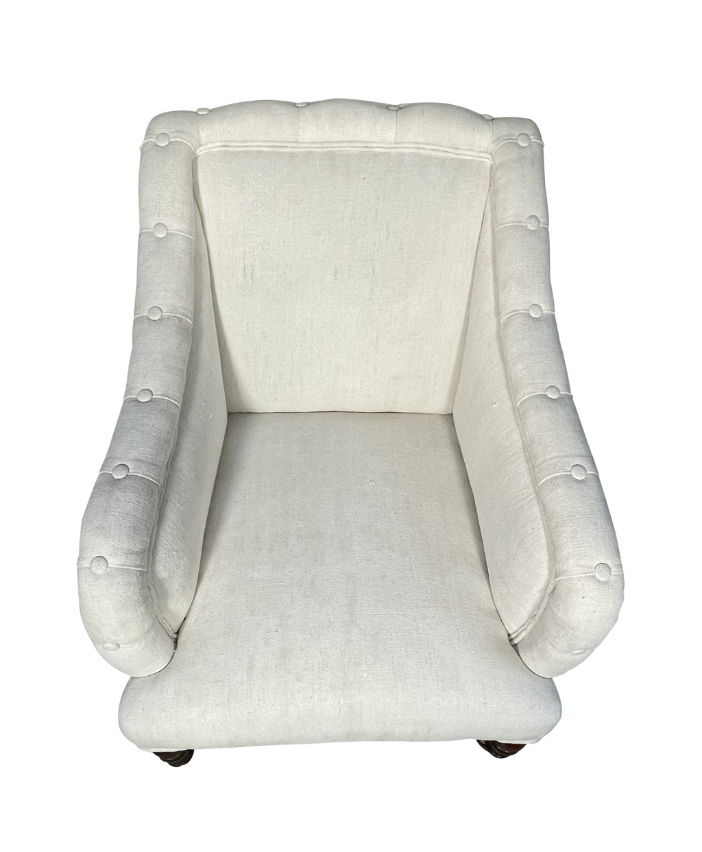 Victorian Armchair with Buttoned Scrolled Back and Sides Upholstered in Antique French Hemp Linen