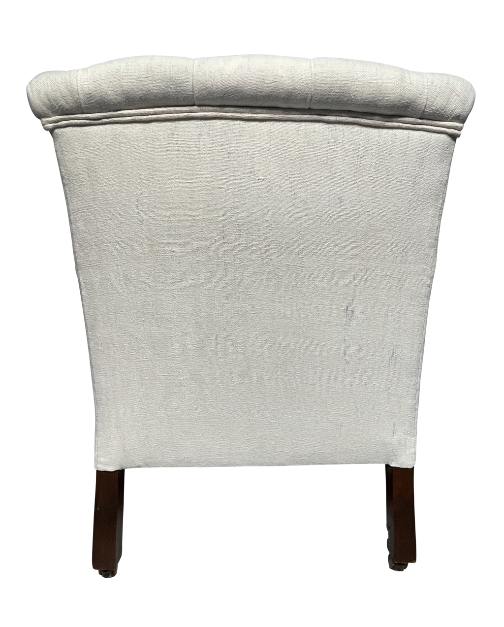 Victorian Armchair with Buttoned Scrolled Back and Sides Upholstered in Antique French Hemp Linen