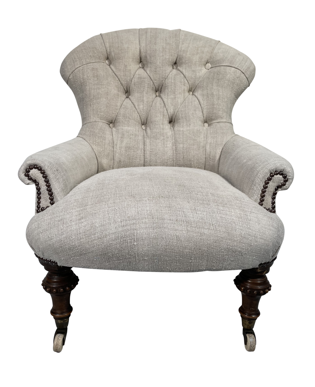 Early Victorian Button Back Armchair on Turned Mahogany Legs