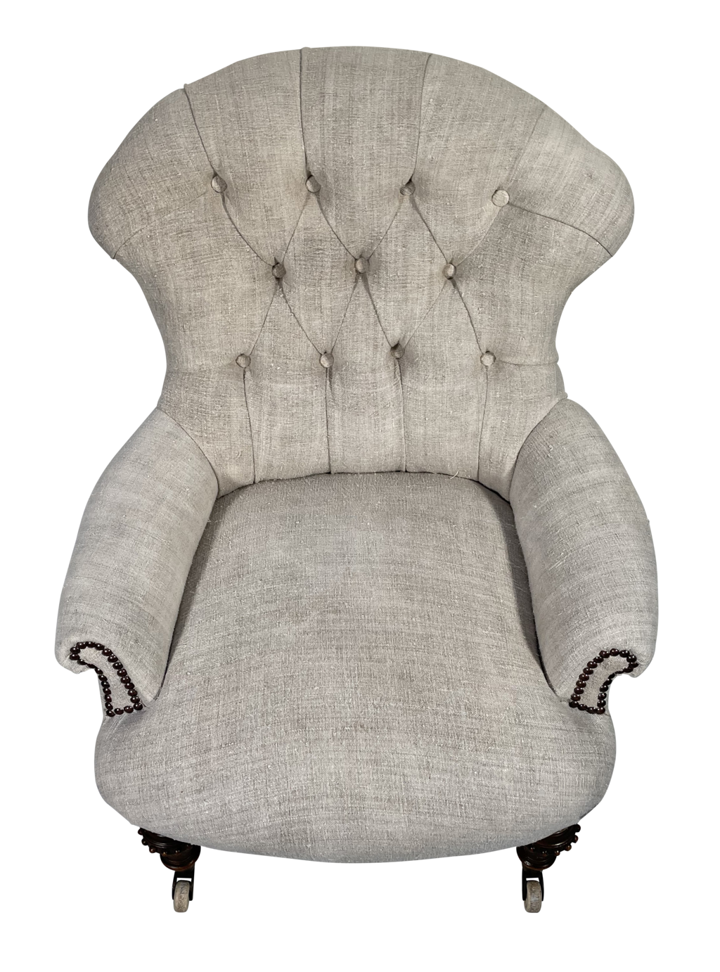 Early Victorian Button Back Armchair on Turned Mahogany Legs Upholstered in Antique French Hemp Linen