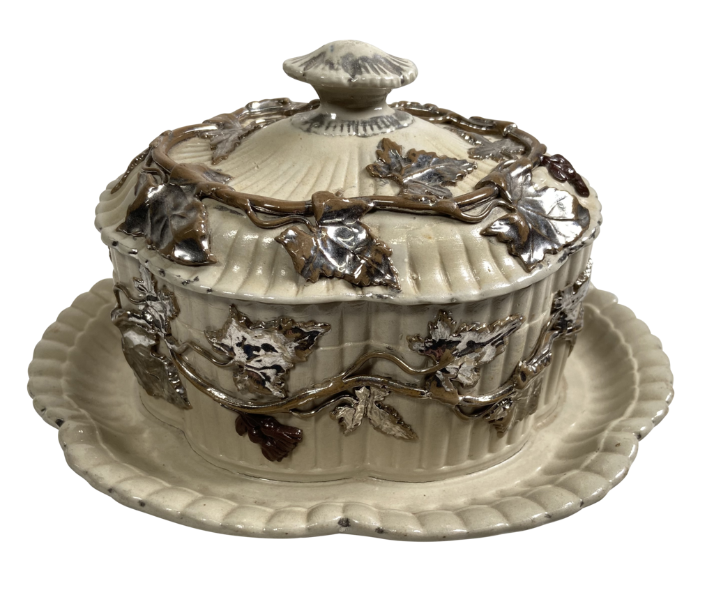 Fluted Stoneware Lidded Butter Dish with Scallop Edges and Silverleaf Overlay Decoration