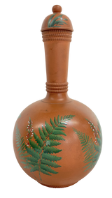 Watcombe Pottery Lidded Terracotta Flask with Hand Painted Fern Decoration