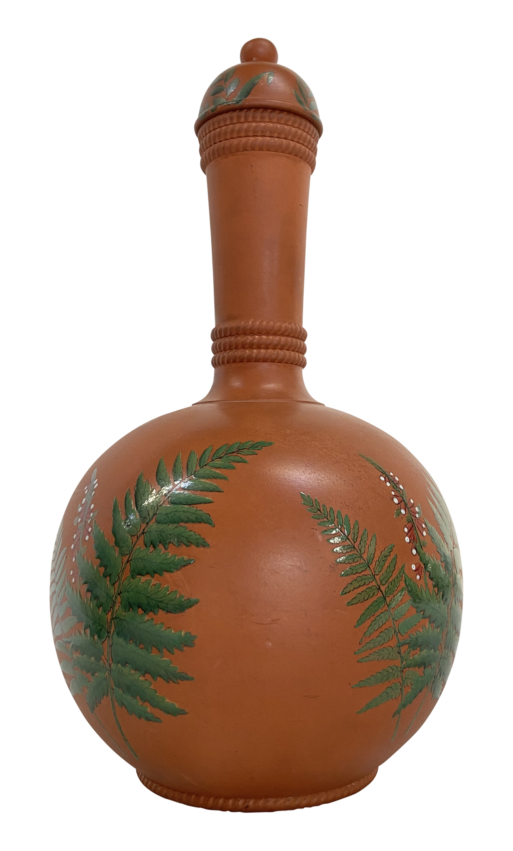 Watcombe Pottery Lidded Terracotta Flask with Hand Painted Fern Decoration