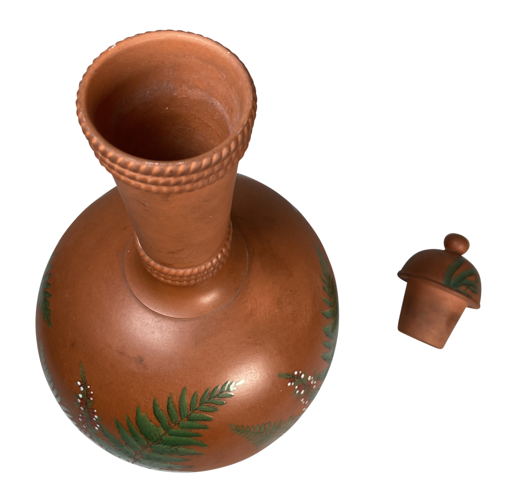 Watcombe Pottery Lidded Terracotta Flask with Hand Painted Fern Decoration
