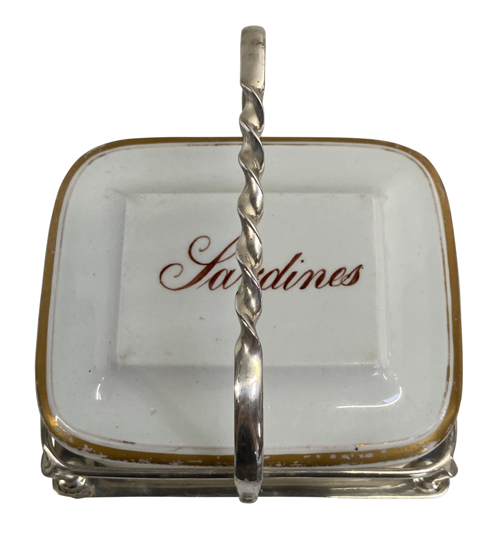 Silver Plated Sardine Dish with Glass Liner and Porcelain Lid