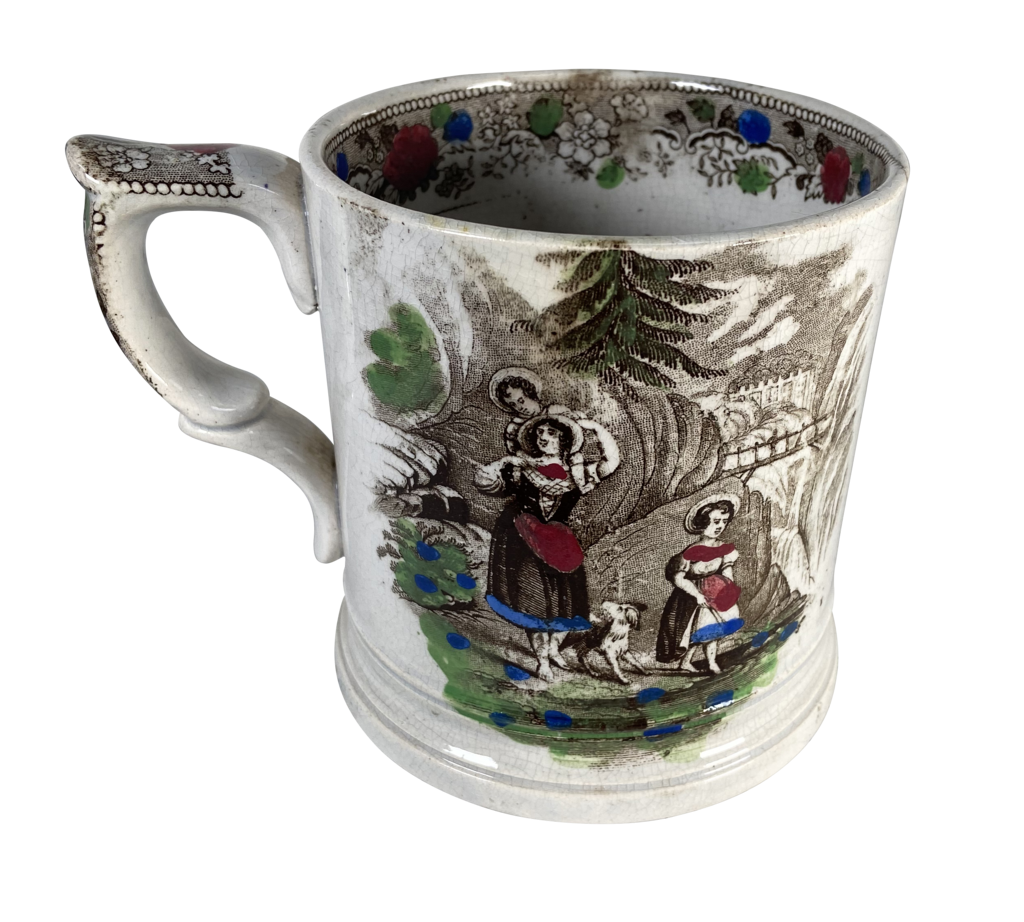 Staffordshire Pottery Frog Mug with Transfer Decoration of Courting Couple