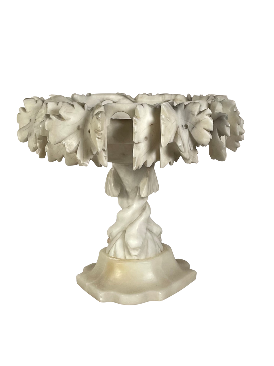 Carved Carerra Marble Comport Decorated with Vine Leaves on a Single Twisted Stem Base