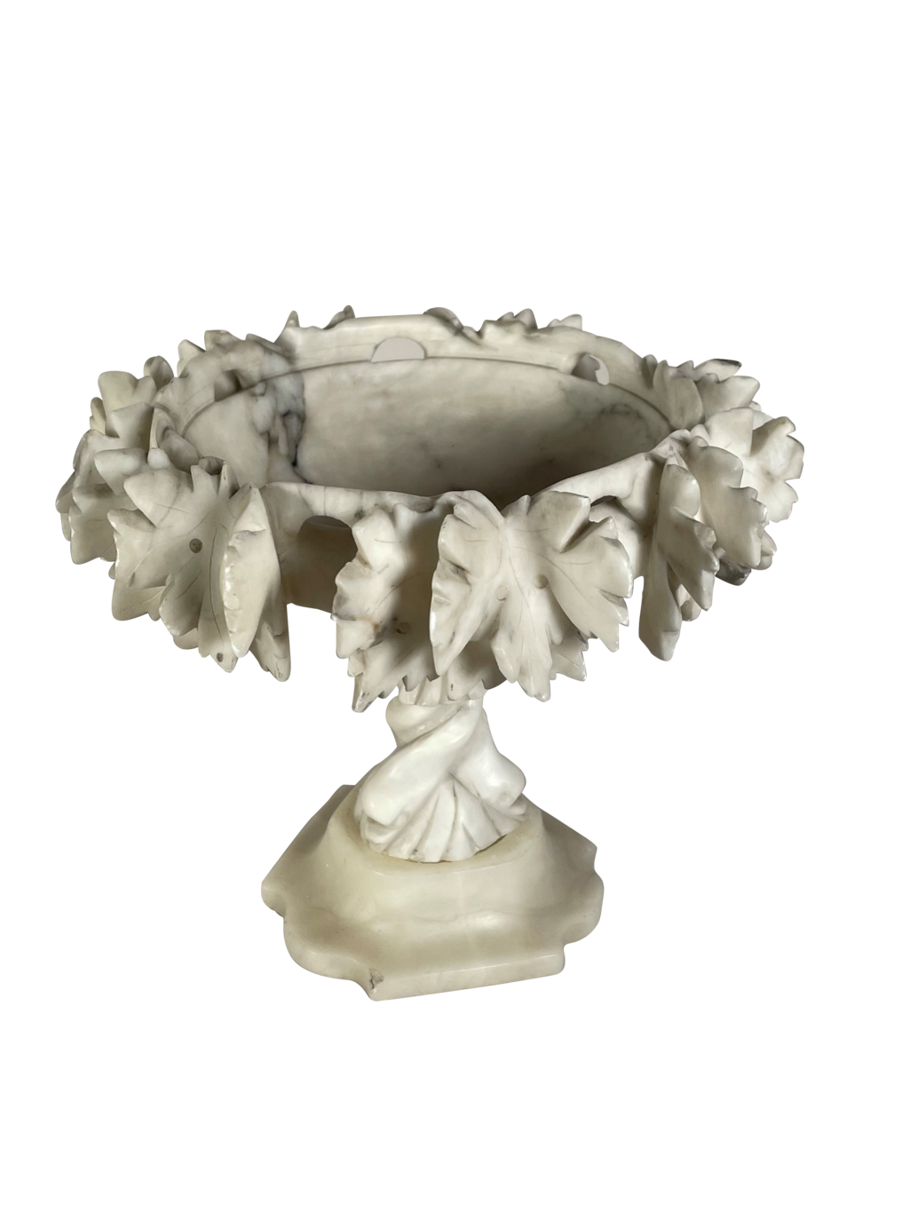 Carved Carerra Marble Comport Decorated with Vine Leaves on a Single Twisted Stem Base
