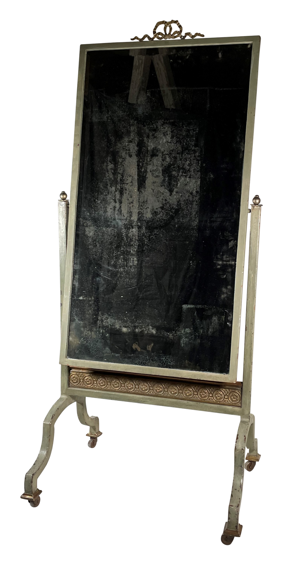 Old Painted Steel Robing Mirror on Cheval Base with Original Bevelled Mercury Glass Plate