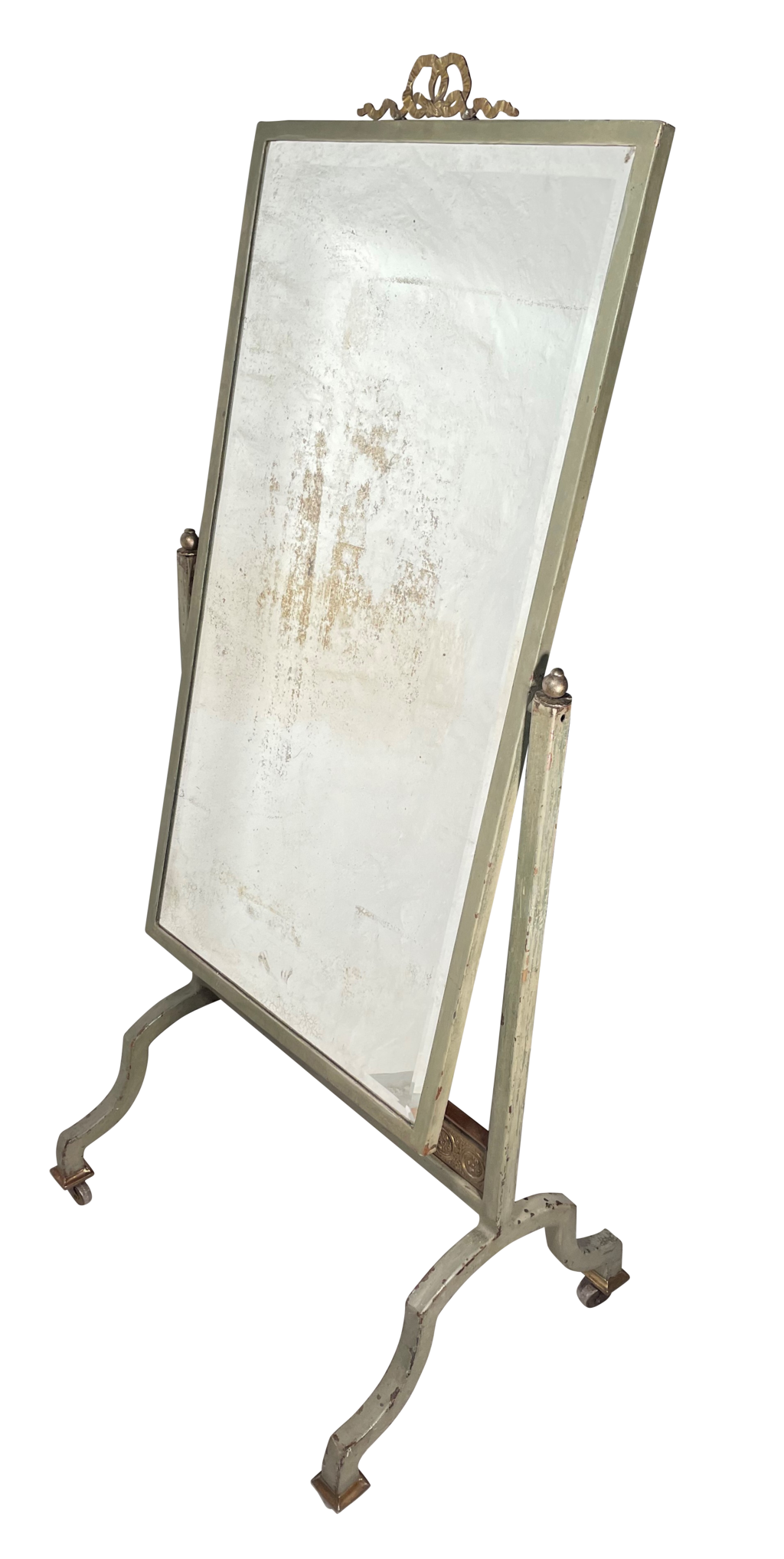 Old Painted Steel Robing Mirror on Cheval Base with Original Bevelled Mercury Glass Plate