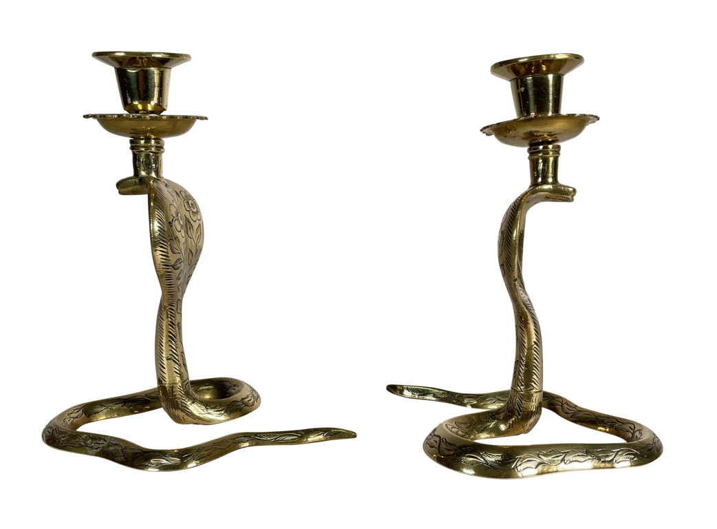 Pair of Anglo-Indian Engraved Brass Cobra Candlesticks
