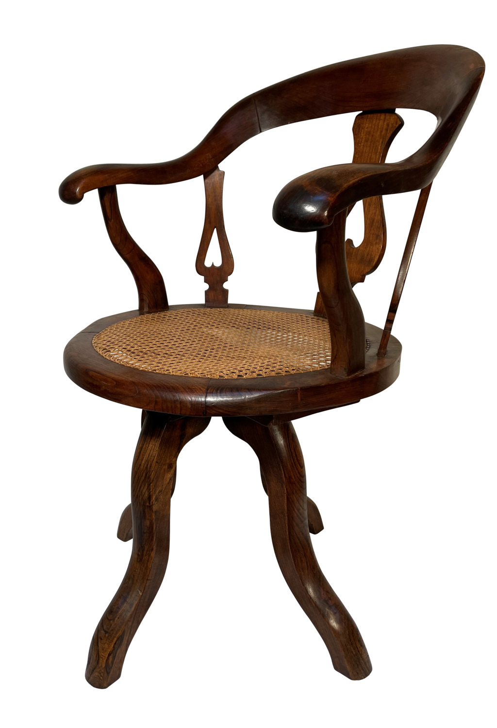 Edwardian Walnut Cane Seated Desk Chair with Swivel Mechanism