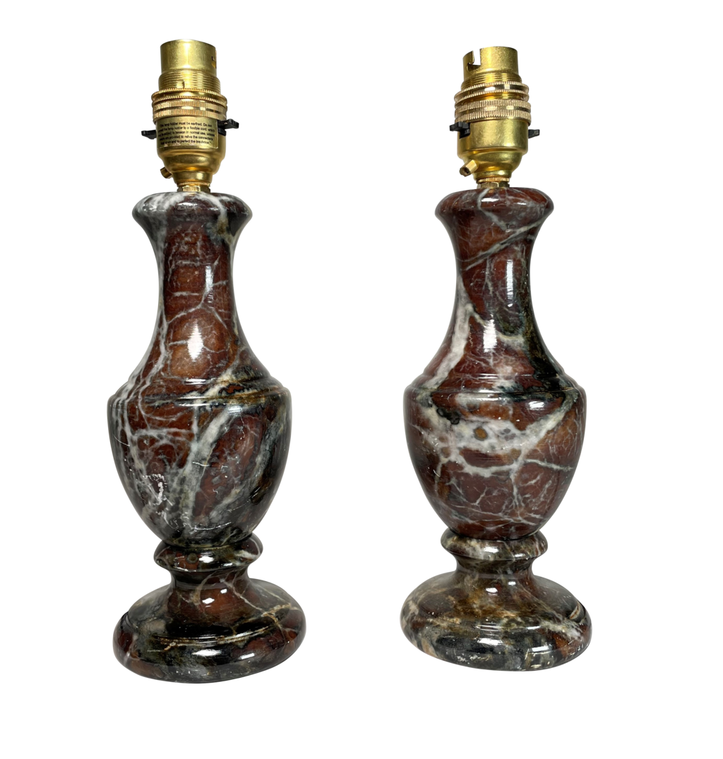 Pair of Small Serpentine Marble Balluster Shaped Table Lamps