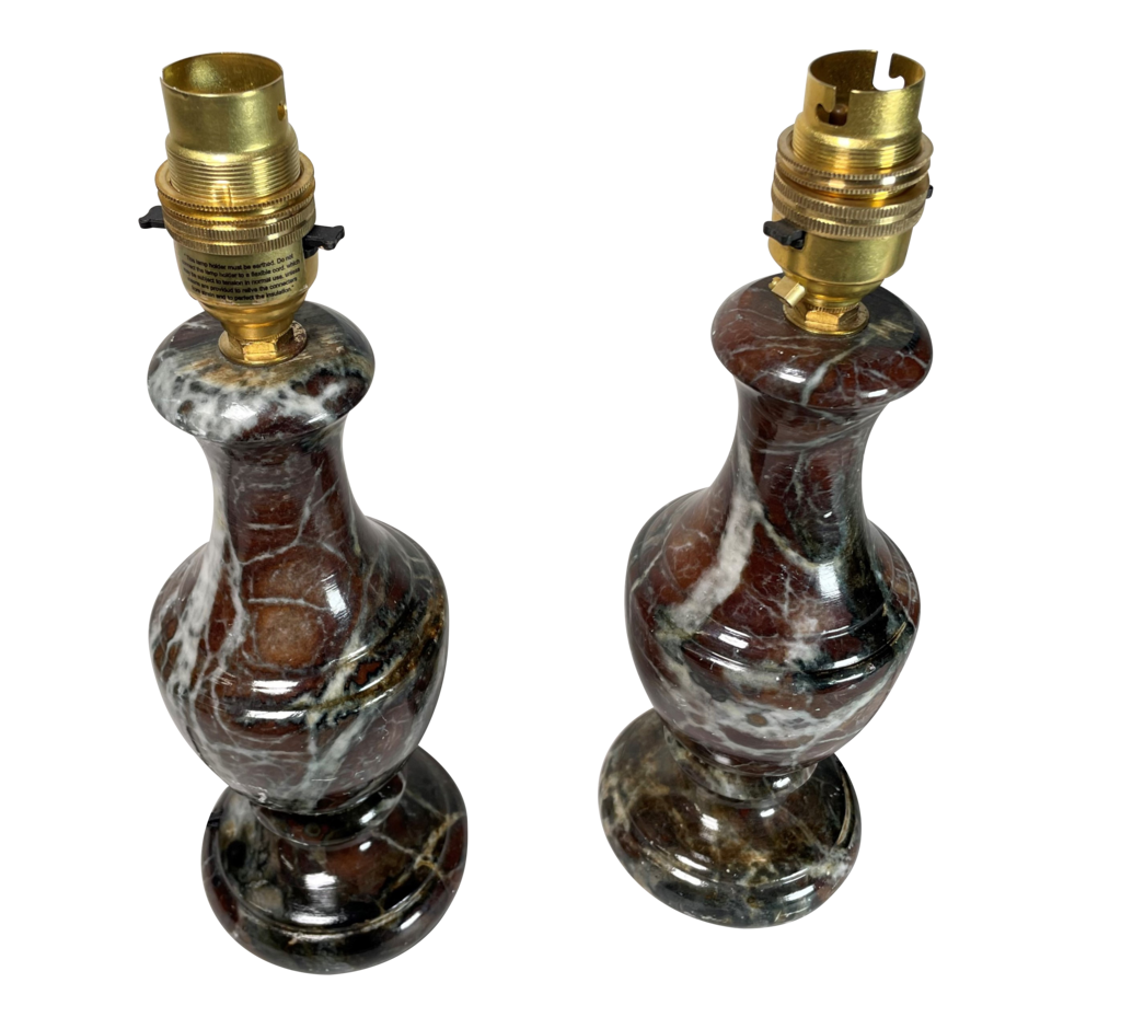 Pair of Small Serpentine Marble Balluster Shaped Table Lamps