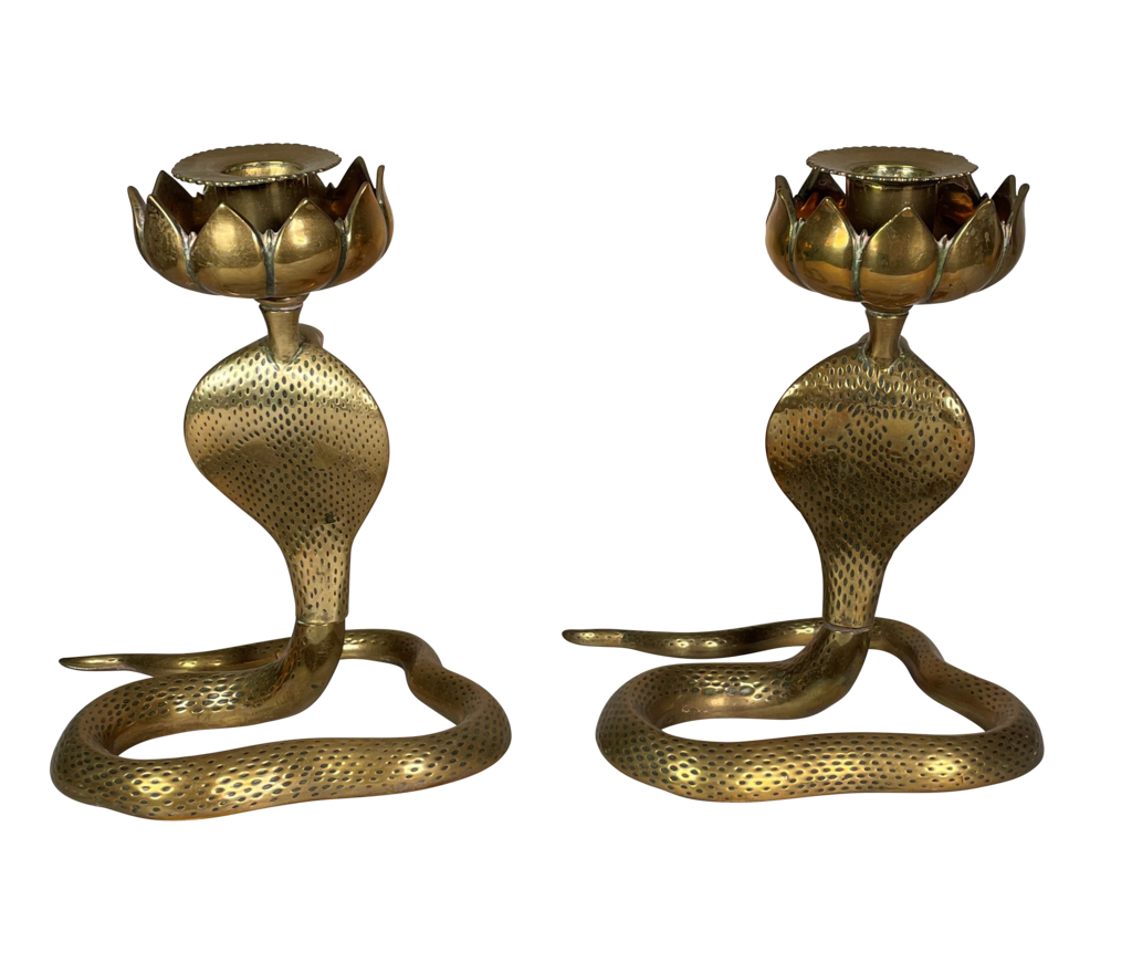 Pair of Anglo Indian Chase Engraved Cobra Candlesticks