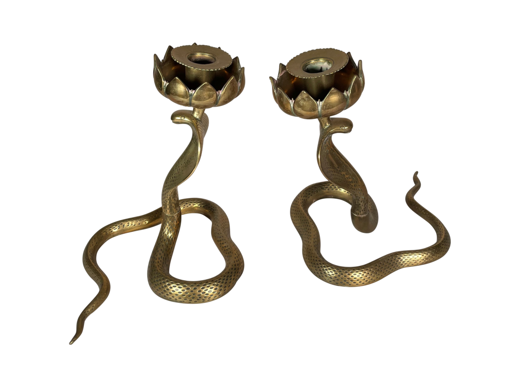 Pair of Anglo Indian Chase Engraved Cobra Candlesticks