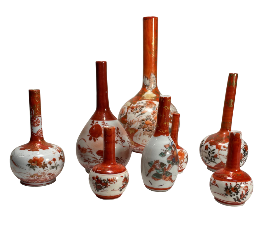Collection of Eight Meiji Period Kutani Bottle Vases