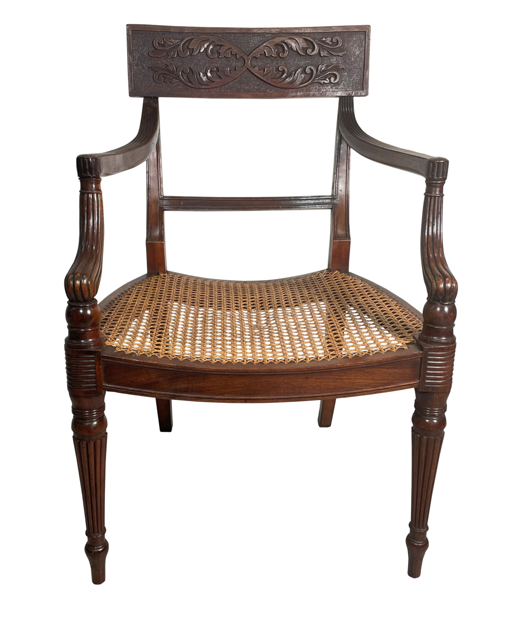 Carved Walnut Bar Back Elbow Chair with Caned Seat