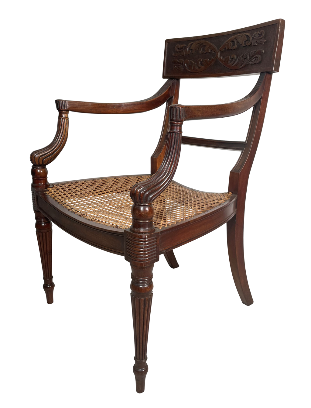 Carved Walnut Bar Back Elbow Chair with Caned Seat