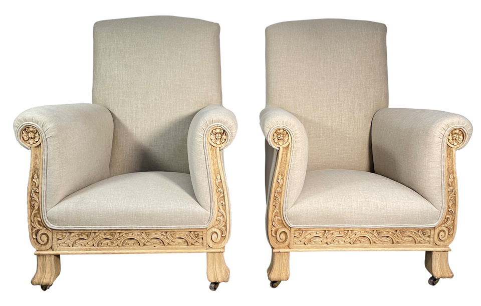 Pair of Carved Lightened Oak Armchairs
