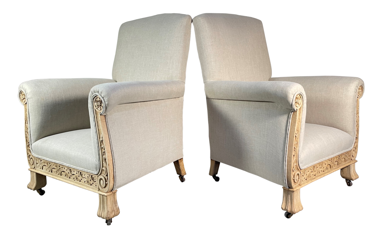 Pair of Carved Lightened Oak Armchairs