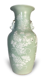 Raised Slipware Chinese Export Vase and Applied on the Neck with Models of Two Foo Dogs