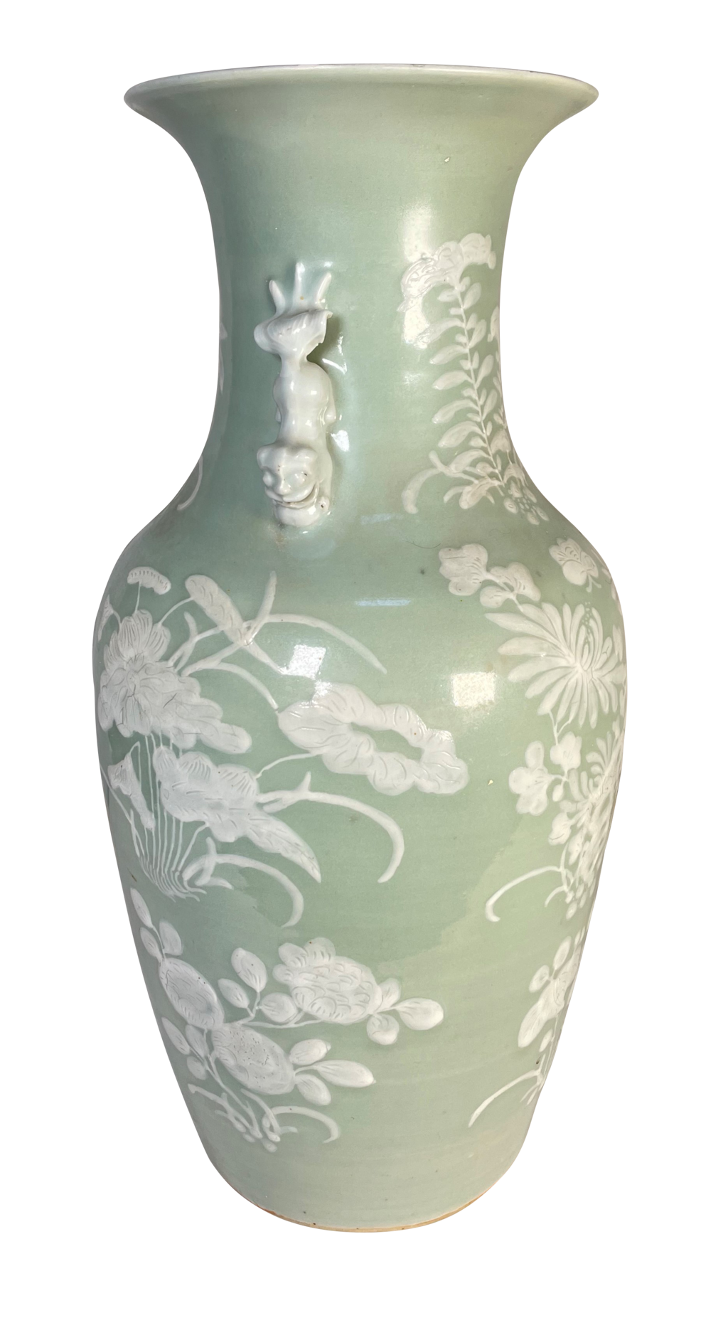 Raised Slipware Chinese Export Vase and Applied on the Neck with Models of Two Foo Dogs
