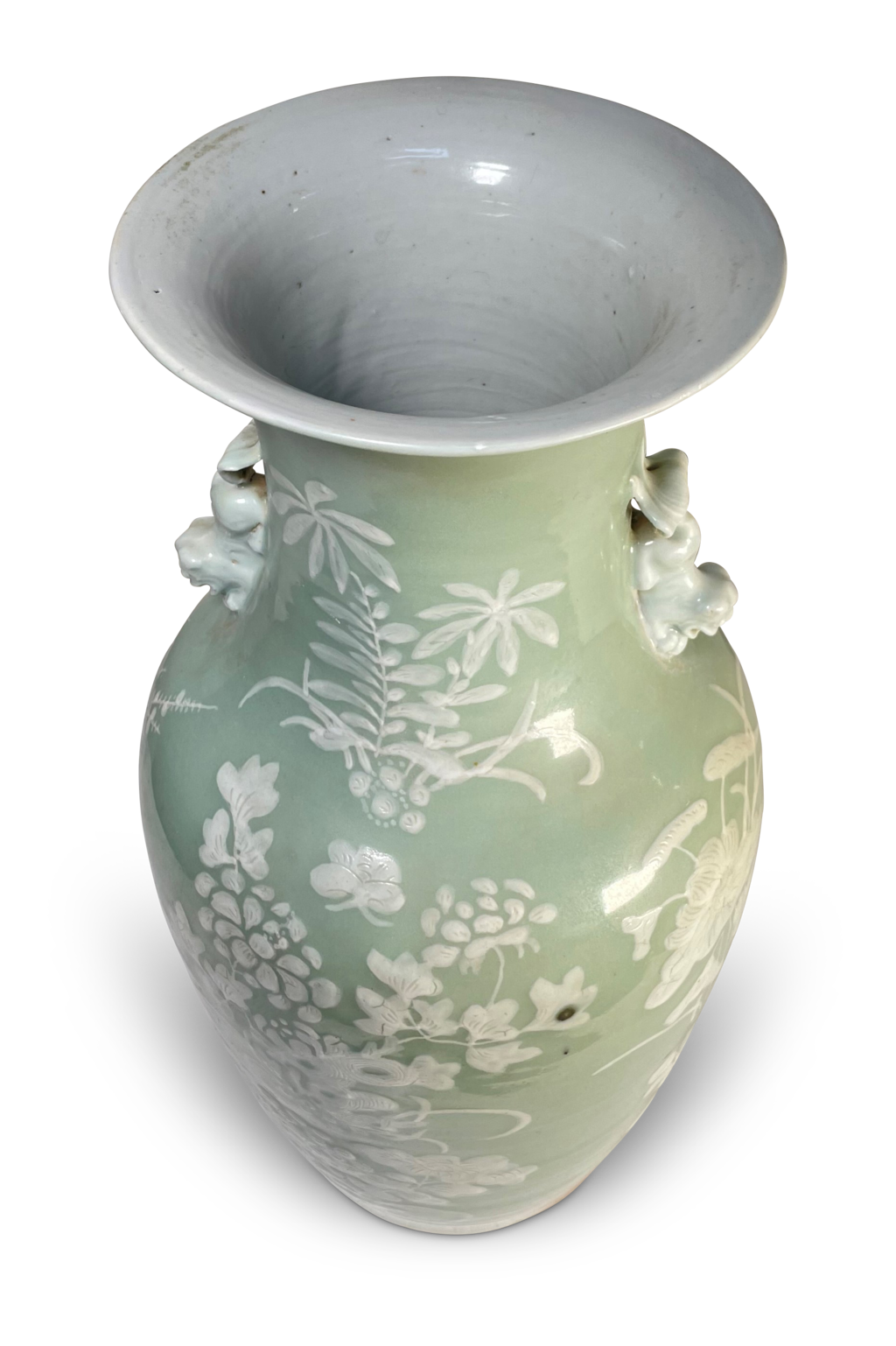 Raised Slipware Chinese Export Vase and Applied on the Neck with Models of Two Foo Dogs
