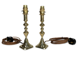 Pair of Victorian Turned Brass Candlestick Table Lamps